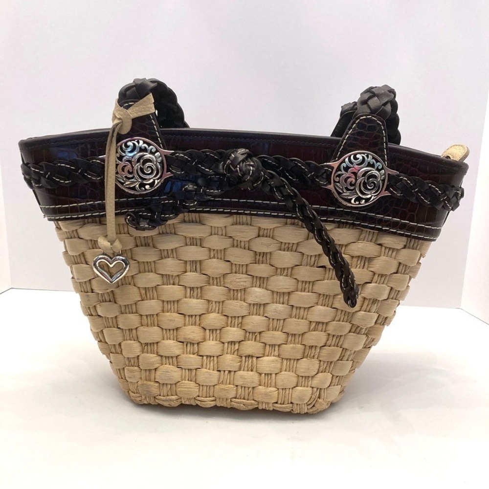Brighton Candice Straw Beige Leather Shoulder Bag Purse Charm Zip Top